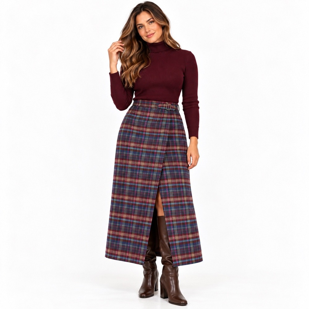 Vtg Crazy Horse Liz Claiborne Plaid Faux Wrap Midi Skirt Buckle Slit Lined 12